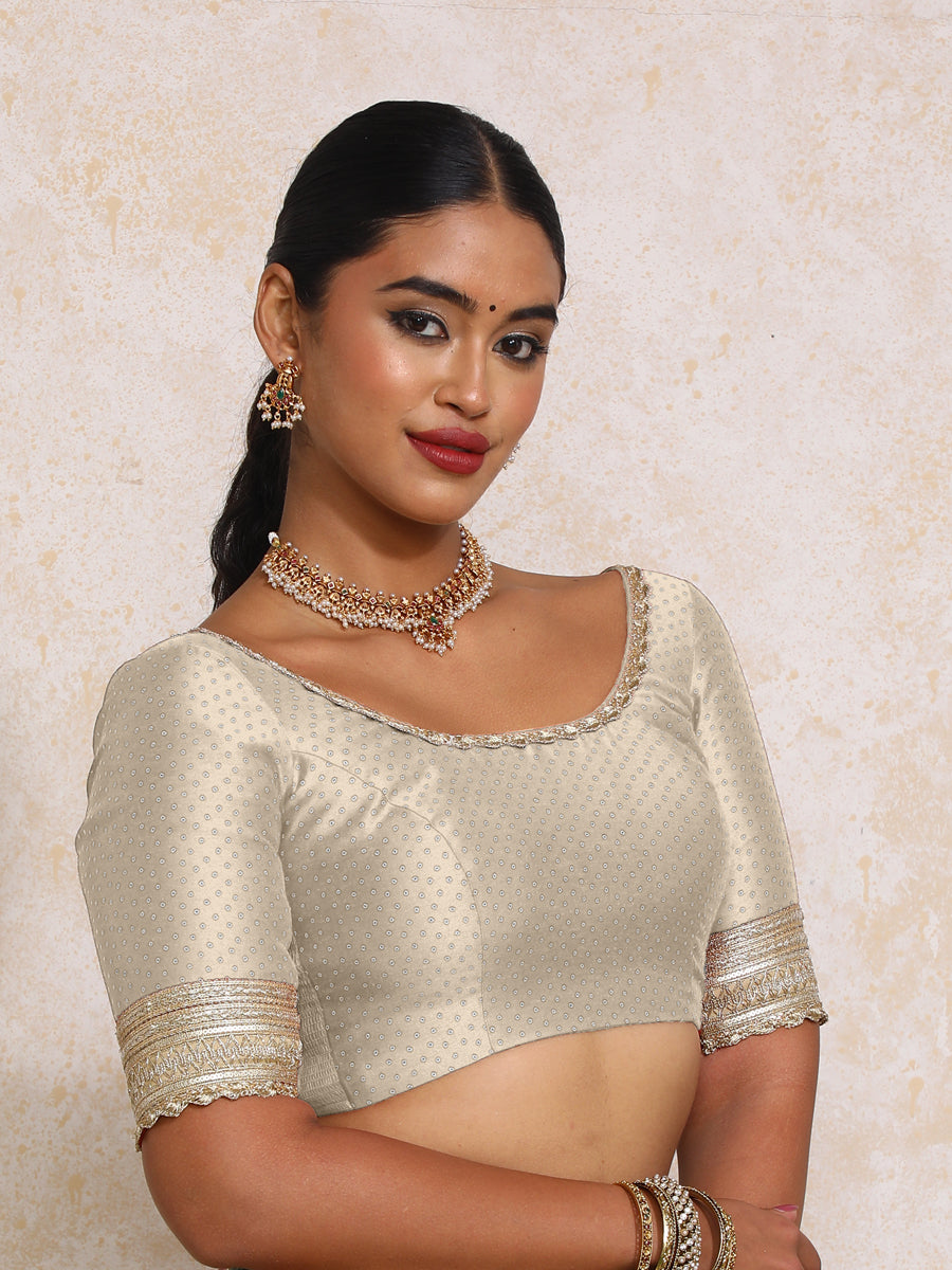 Navika x Tyohaar Saree Blouse, in Grey Chandheri, featuring elbow sleeves and scoop neckline, made for party & festive (view 8).