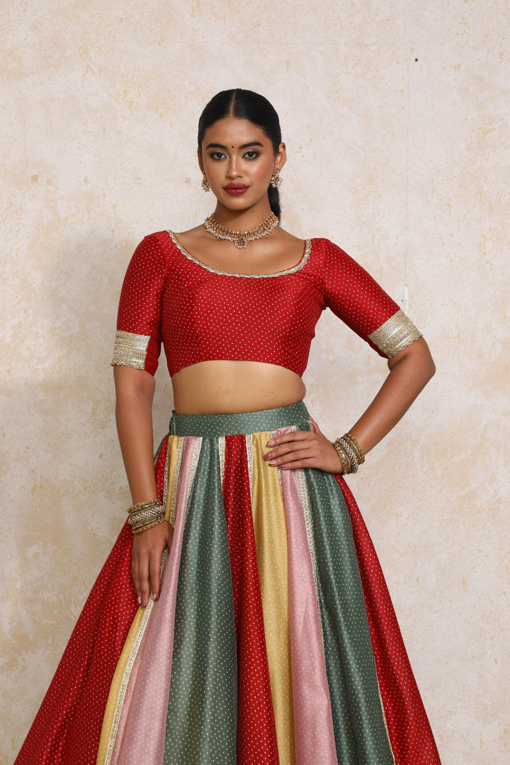 Navika x Tyohaar | Elbow Sleeves Red Foil Chandheri Saree Blouse