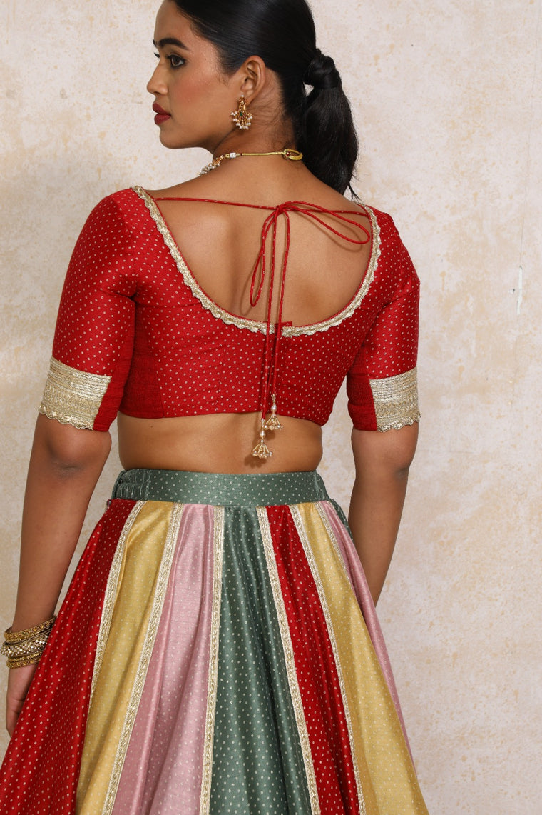 Navika x Tyohaar Saree Blouse, in Red Chandheri, featuring elbow sleeves and scoop neckline, made for party & festive (view 2).