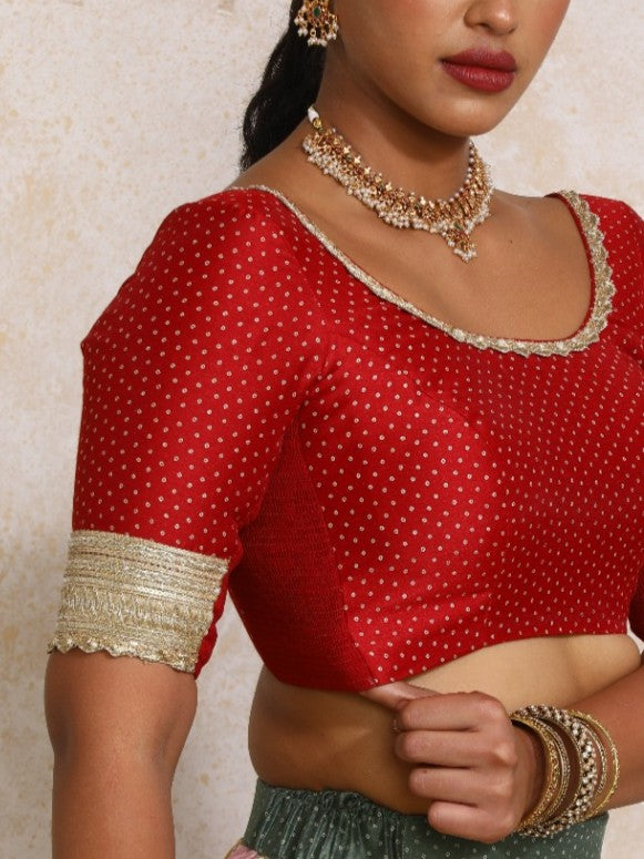 Navika x Tyohaar Saree Blouse, in Red Chandheri, featuring elbow sleeves and scoop neckline, made for party & festive (view 3).
