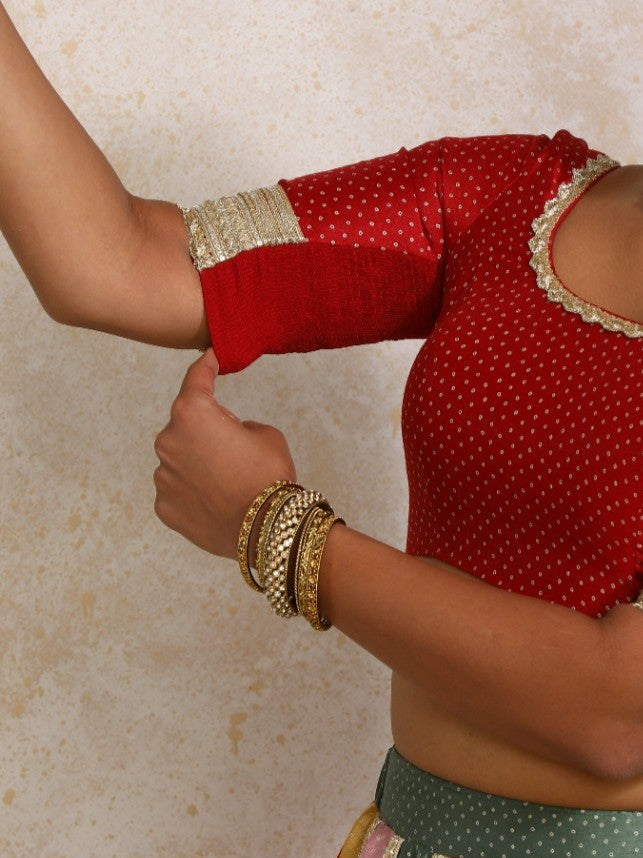 Navika x Tyohaar Saree Blouse, in Red Chandheri, featuring elbow sleeves and scoop neckline, made for party & festive (view 4).