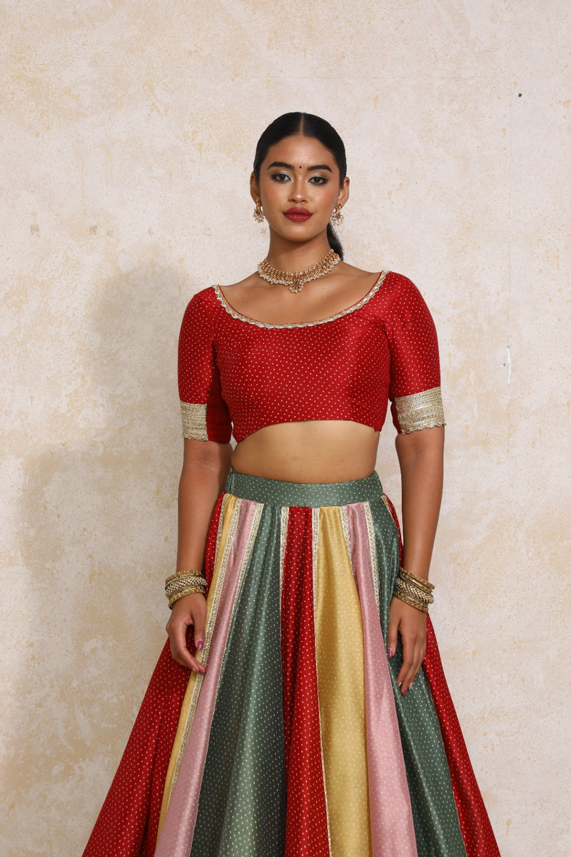 Navika x Tyohaar | Elbow Sleeves Red Foil Chandheri Saree Blouse-Binks