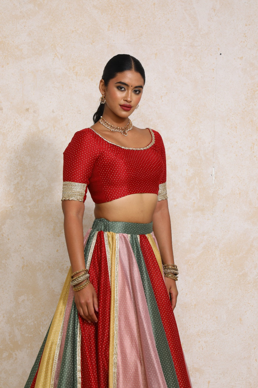 Navika x Tyohaar Saree Blouse, in Red Chandheri, featuring elbow sleeves and scoop neckline, made for party & festive (view 8).