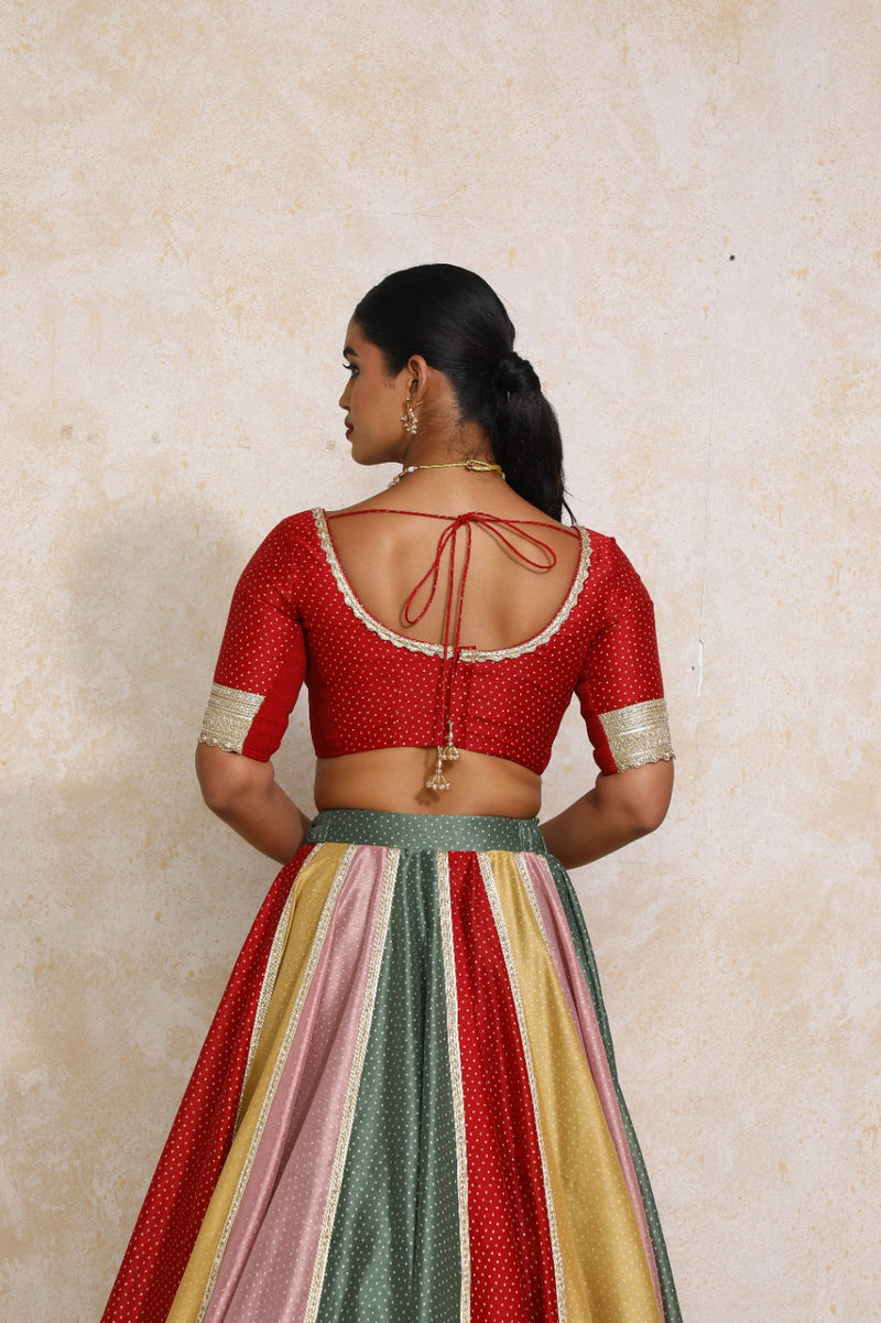 Navika x Tyohaar | Elbow Sleeves Red Foil Chandheri Saree Blouse-Binks