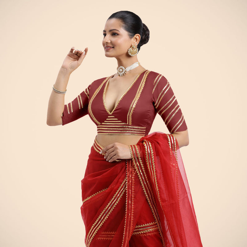 Navya x Tyohaar | Auburn Red Elbow Sleeves FlexiFit™ Saree Blouse with Plunging V Neckline with Tasteful Golden Gota Lace-Binks