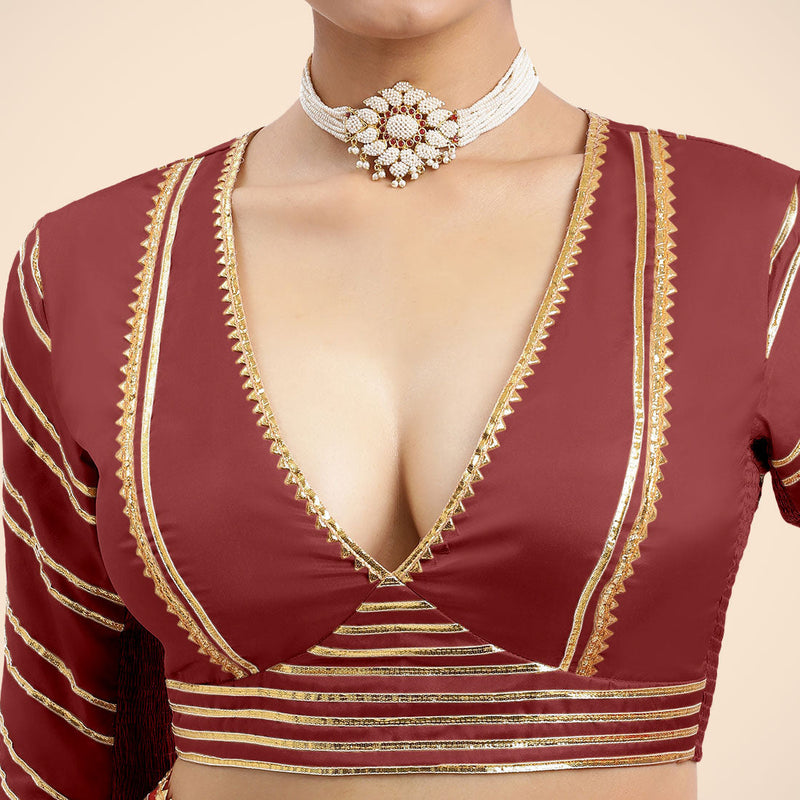 Navya x Tyohaar | Auburn Red Elbow Sleeves FlexiFit™ Saree Blouse with Plunging V Neckline with Tasteful Golden Gota Lace-Binks