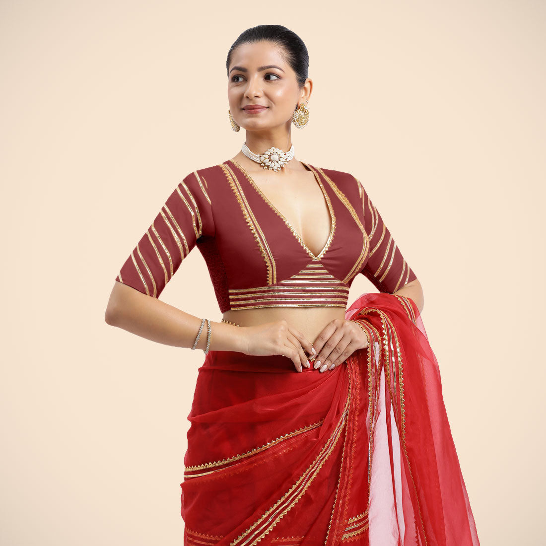 Navya x Tyohaar Saree Blouse, in Red Vegan Silk, featuring elbow sleeves and v-neckline, made for party & festive (view 2).
