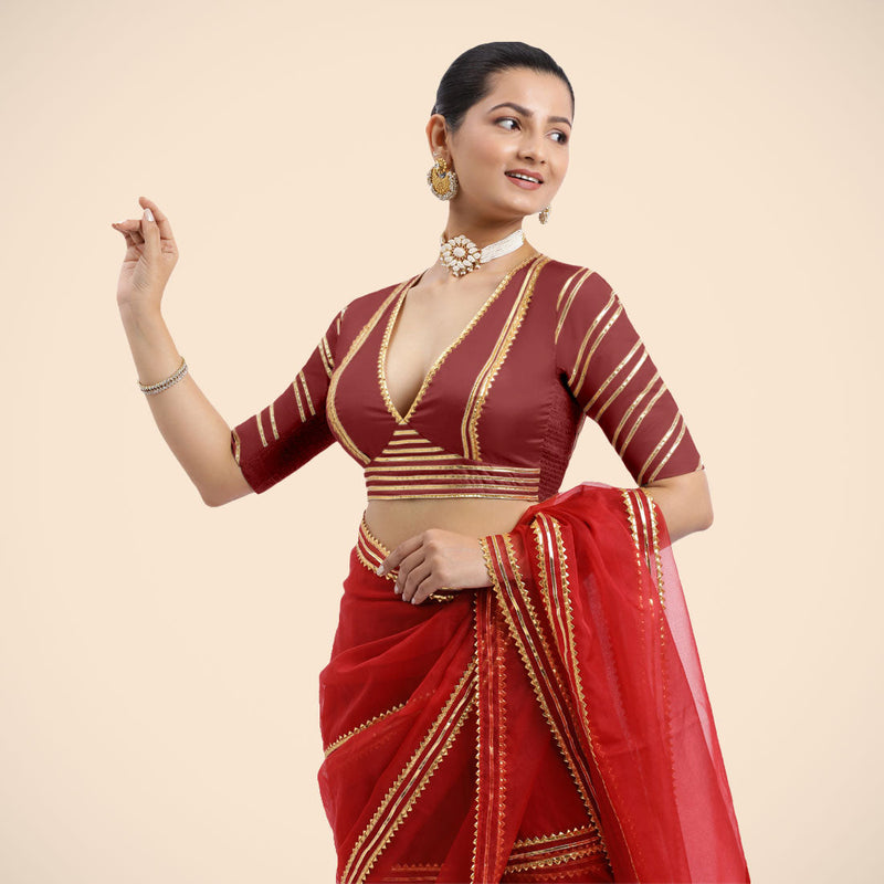 Navya x Tyohaar | Auburn Red Elbow Sleeves FlexiFit™ Saree Blouse with Plunging V Neckline with Tasteful Golden Gota Lace-Binks