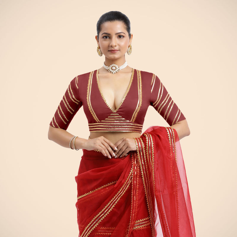 Navya x Tyohaar | Auburn Red Elbow Sleeves FlexiFit™ Saree Blouse with Plunging V Neckline with Tasteful Golden Gota Lace-Binks