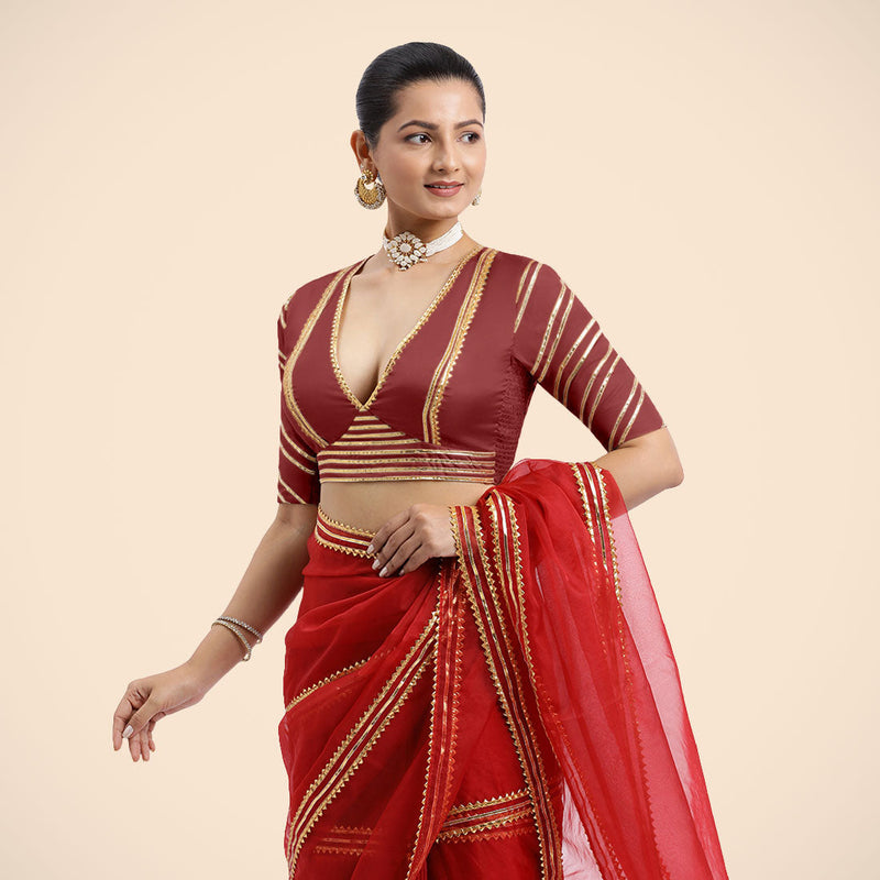 Navya x Tyohaar | Auburn Red Elbow Sleeves FlexiFit™ Saree Blouse with Plunging V Neckline with Tasteful Golden Gota Lace-Binks