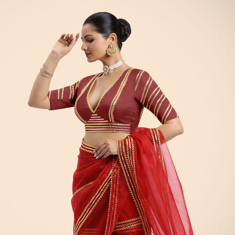 Navya x Tyohaar | Auburn Red Elbow Sleeves FlexiFit™ Saree Blouse with Plunging V Neckline with Tasteful Golden Gota Lace-Binks