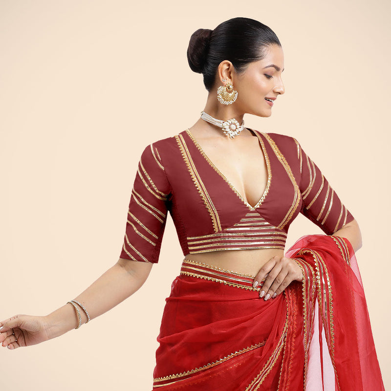 Navya x Tyohaar | Auburn Red Elbow Sleeves FlexiFit™ Saree Blouse with Plunging V Neckline with Tasteful Golden Gota Lace-Binks