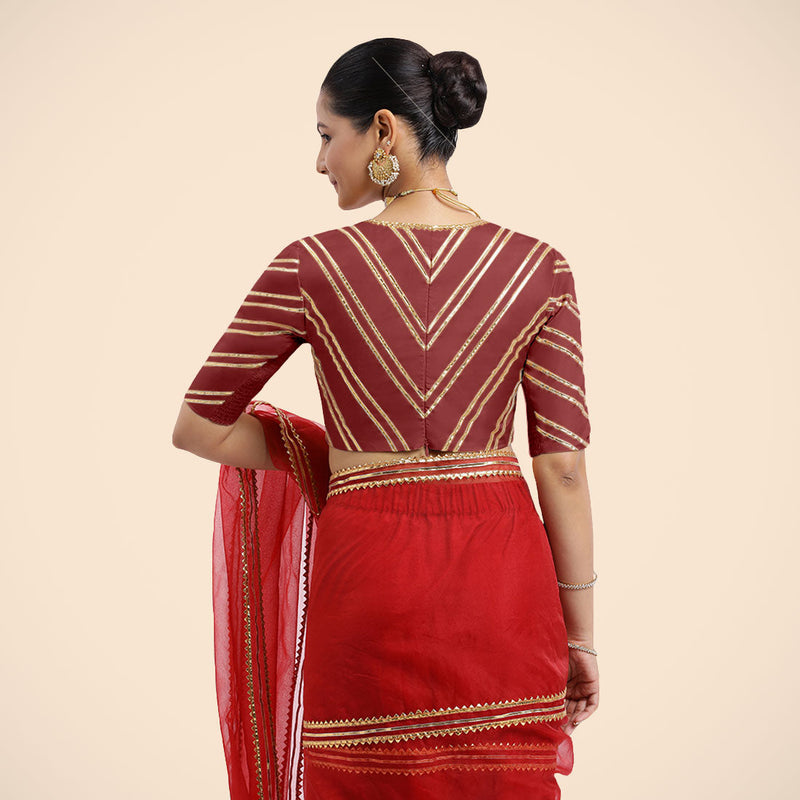 Navya x Tyohaar | Auburn Red Elbow Sleeves FlexiFit™ Saree Blouse with Plunging V Neckline with Tasteful Golden Gota Lace-Binks