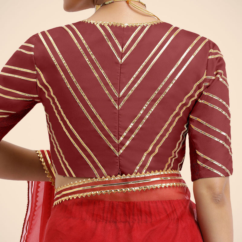 Navya x Tyohaar | Auburn Red Elbow Sleeves FlexiFit™ Saree Blouse with Plunging V Neckline with Tasteful Golden Gota Lace-Binks