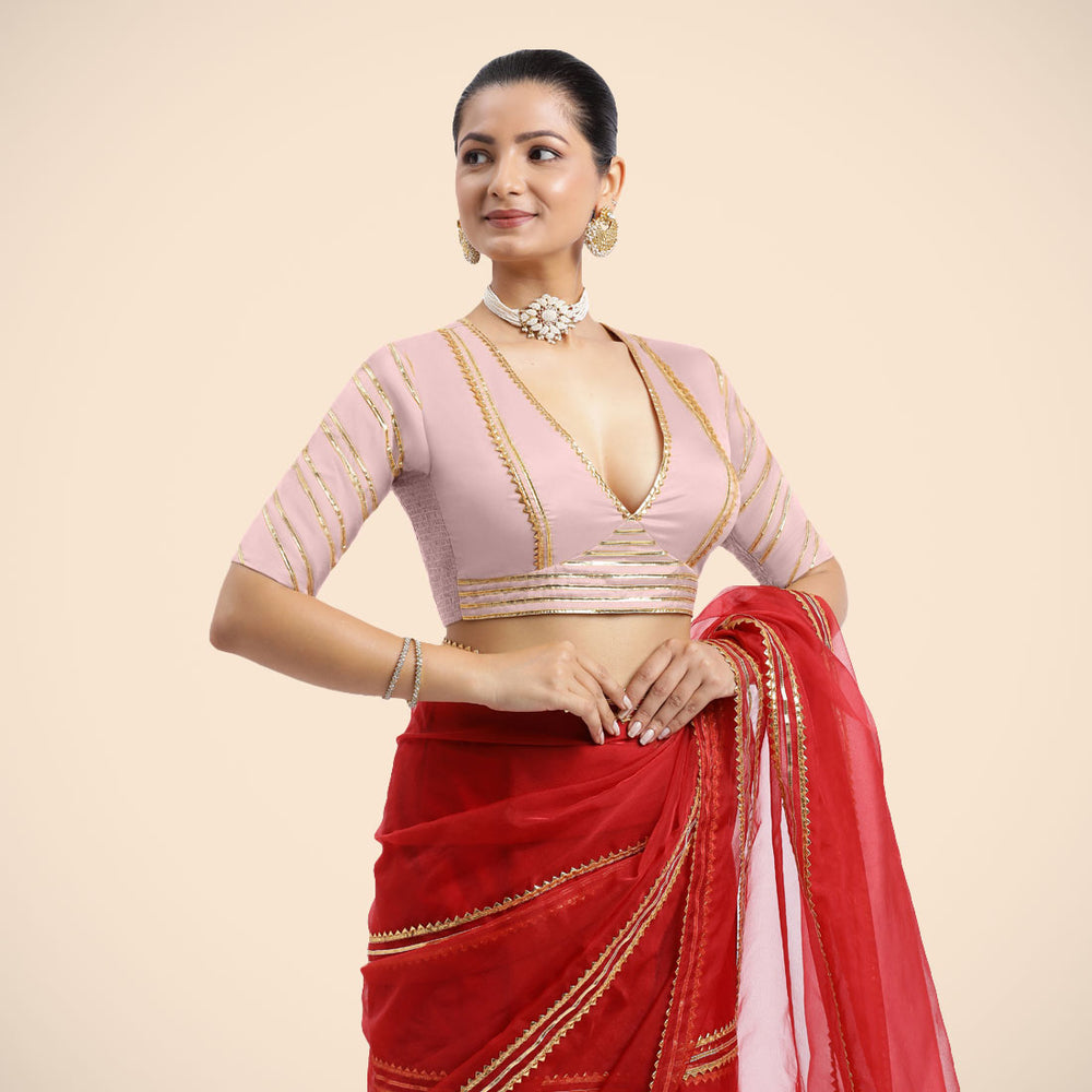 Navya x Tyohaar | Elbow Sleeves Baby Pink FlexiFit™ Gota Embellished Saree Blouse with Plunging V-Neck