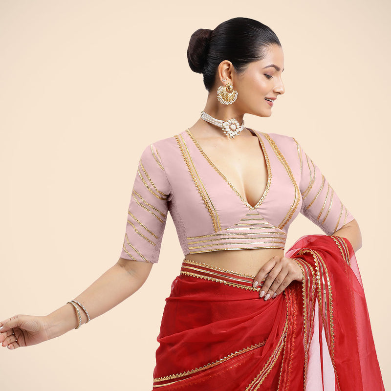 Navya x Tyohaar | Elbow Sleeves Baby Pink FlexiFit™ Gota Embellished Saree Blouse with Plunging V-Neck-Binks