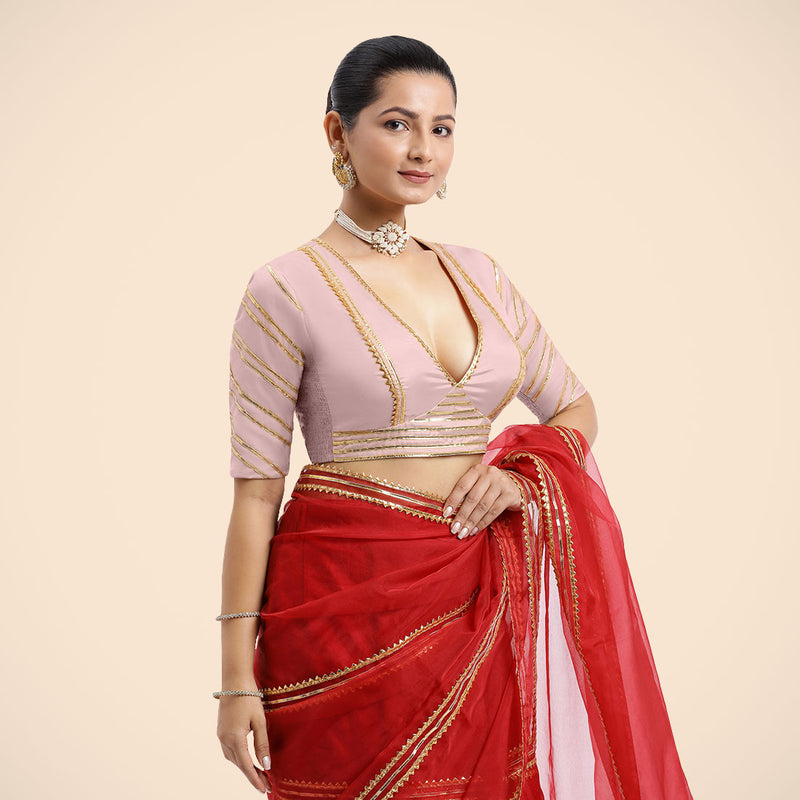 Navya x Tyohaar | Elbow Sleeves Baby Pink FlexiFit™ Gota Embellished Saree Blouse with Plunging V-Neck-Binks