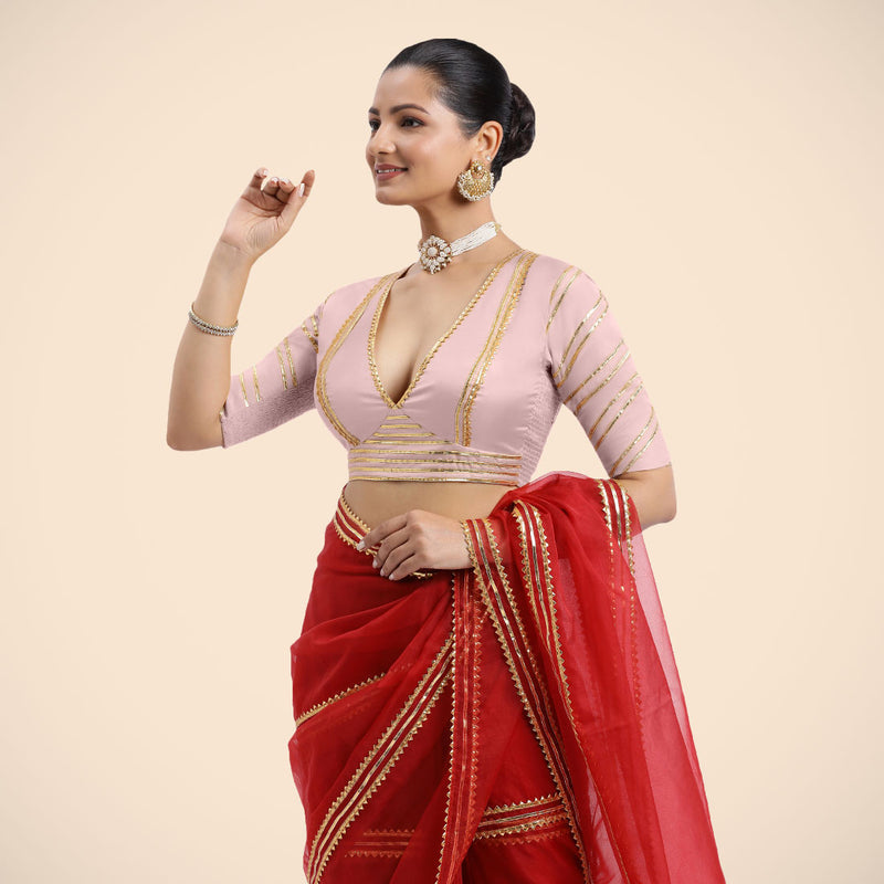 Navya x Tyohaar | Elbow Sleeves Baby Pink FlexiFit™ Gota Embellished Saree Blouse with Plunging V-Neck-Binks