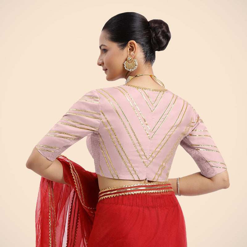 Navya x Tyohaar | Elbow Sleeves Baby Pink FlexiFit™ Gota Embellished Saree Blouse with Plunging V-Neck-Binks