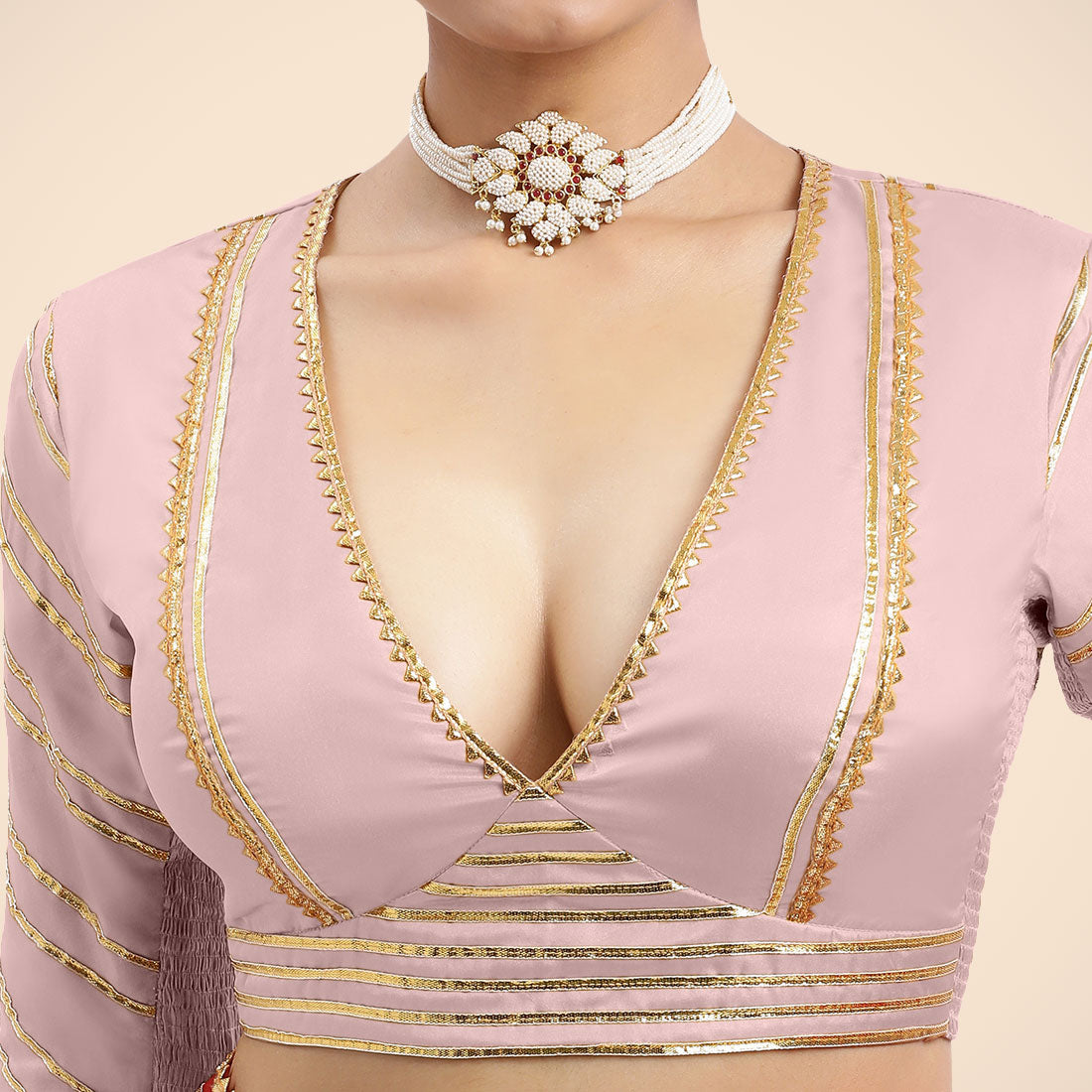 Navya x Tyohaar Saree Blouse, in Pink Vegan Silk, featuring elbow sleeves and v-neckline, made for party & festive (view 5).