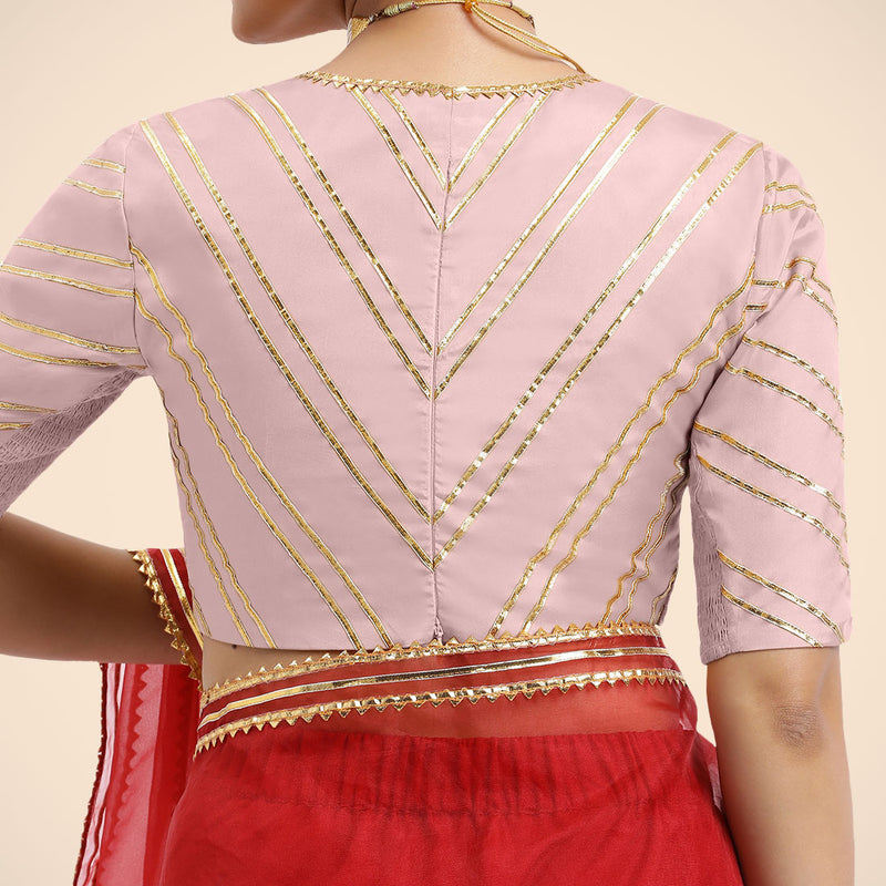 Navya x Tyohaar | Elbow Sleeves Baby Pink FlexiFit™ Gota Embellished Saree Blouse with Plunging V-Neck-Binks