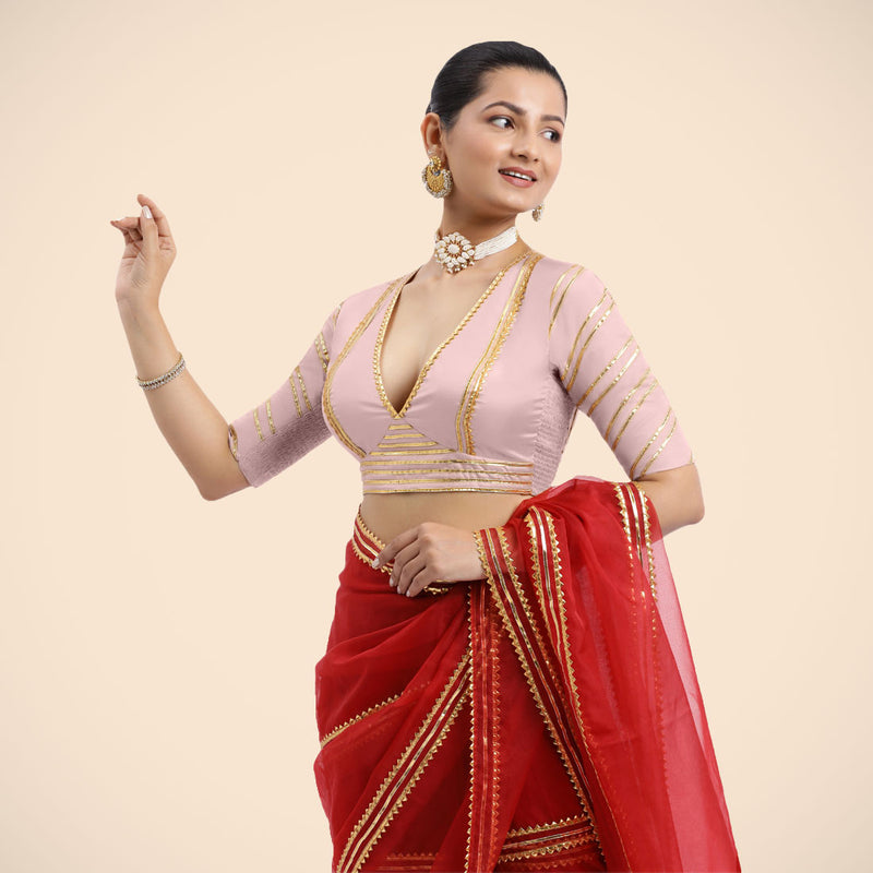 Navya x Tyohaar | Elbow Sleeves Baby Pink FlexiFit™ Gota Embellished Saree Blouse with Plunging V-Neck-Binks