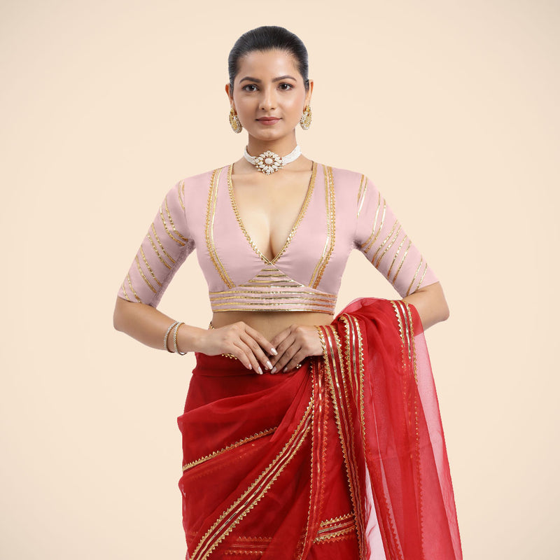 Navya x Tyohaar | Elbow Sleeves Baby Pink FlexiFit™ Gota Embellished Saree Blouse with Plunging V-Neck-Binks