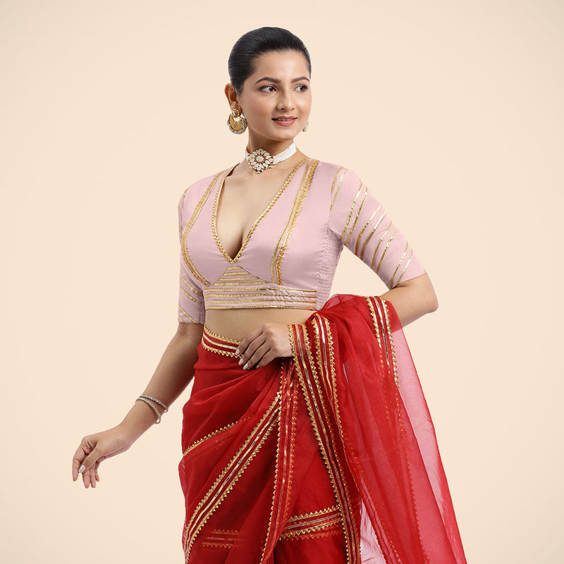 Navya x Tyohaar | Elbow Sleeves Baby Pink FlexiFit™ Gota Embellished Saree Blouse with Plunging V-Neck-Binks