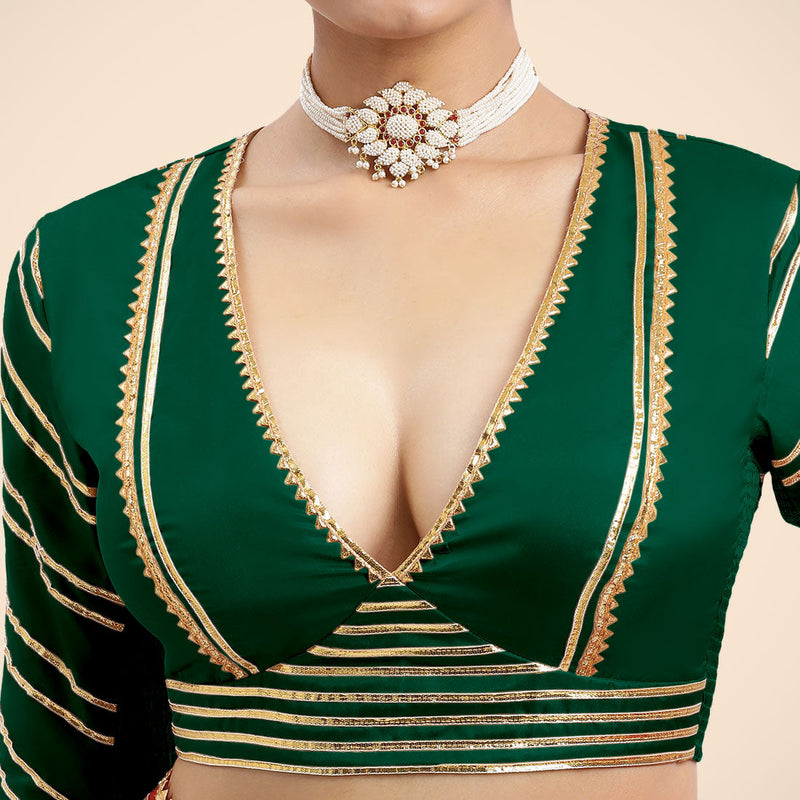 Navya x Tyohaar | Bottle Green Elbow Sleeves FlexiFit™ Saree Blouse with Plunging V Neckline with Tasteful Golden Gota Lace-Binks