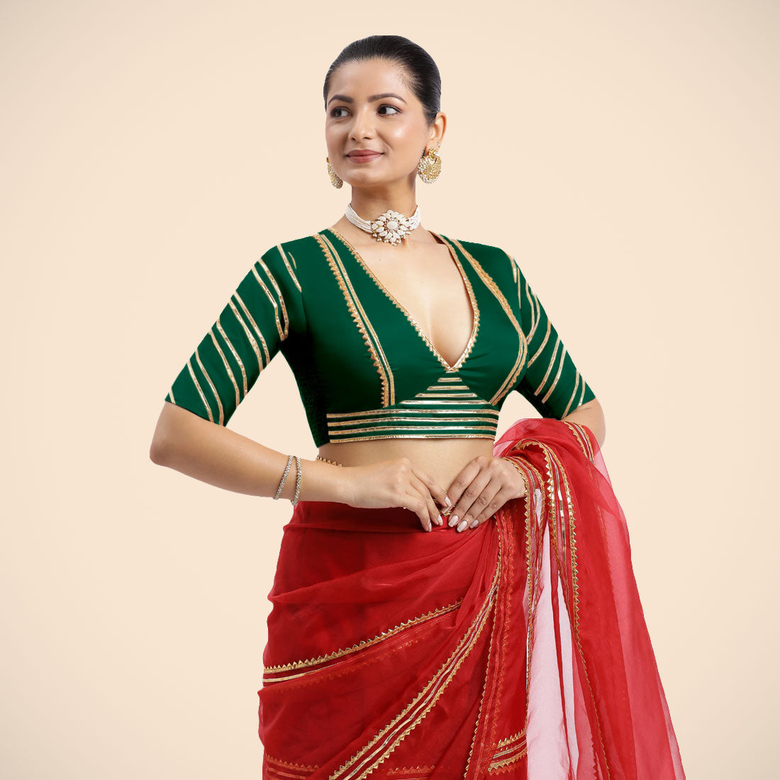 Navya x Tyohaar Saree Blouse, in Green Vegan Silk, featuring elbow sleeves and v-neckline, made for party & festive (view 2).