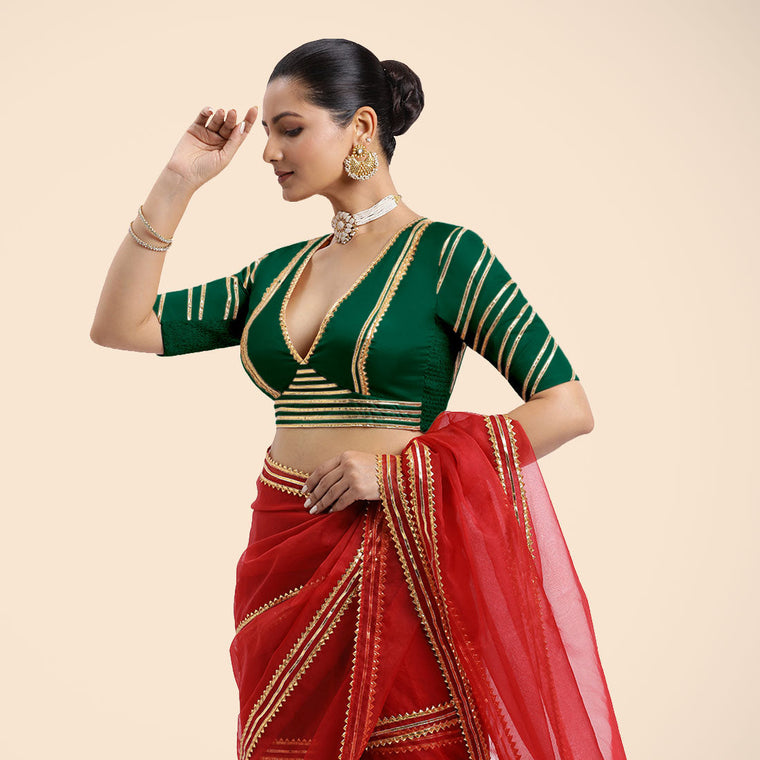 Navya x Tyohaar Saree Blouse, in Green Vegan Silk, featuring elbow sleeves and v-neckline, made for party & festive (view 3).