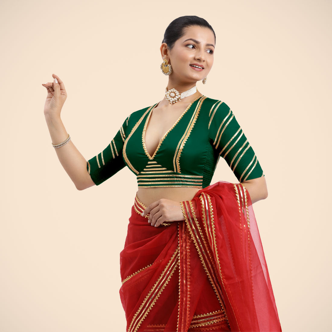 Navya x Tyohaar Saree Blouse, in Green Vegan Silk, featuring elbow sleeves and v-neckline, made for party & festive (view 4).
