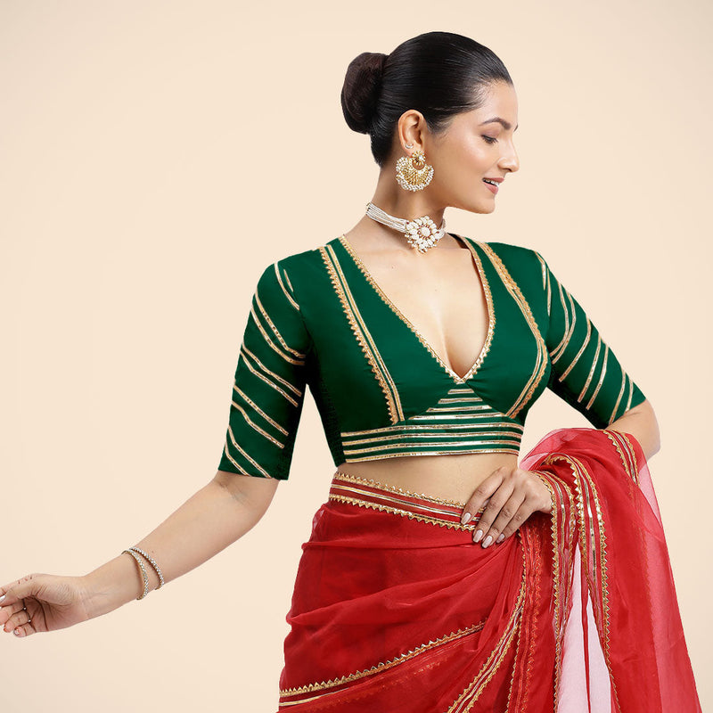 Navya x Tyohaar | Bottle Green Elbow Sleeves FlexiFit™ Saree Blouse with Plunging V Neckline with Tasteful Golden Gota Lace-Binks