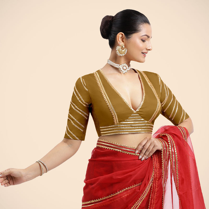 Navya x Tyohaar | Bronze Gold Elbow Sleeves FlexiFit™ Saree Blouse with Plunging V Neckline with Tasteful Golden Gota Lace-Binks