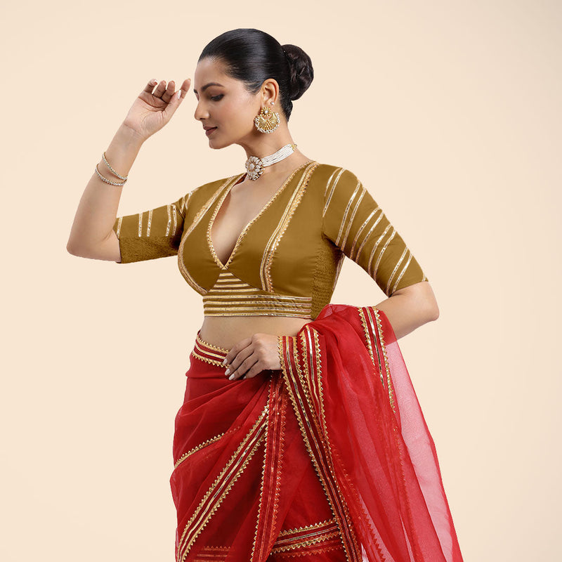 Navya x Tyohaar | Bronze Gold Elbow Sleeves FlexiFit™ Saree Blouse with Plunging V Neckline with Tasteful Golden Gota Lace-Binks