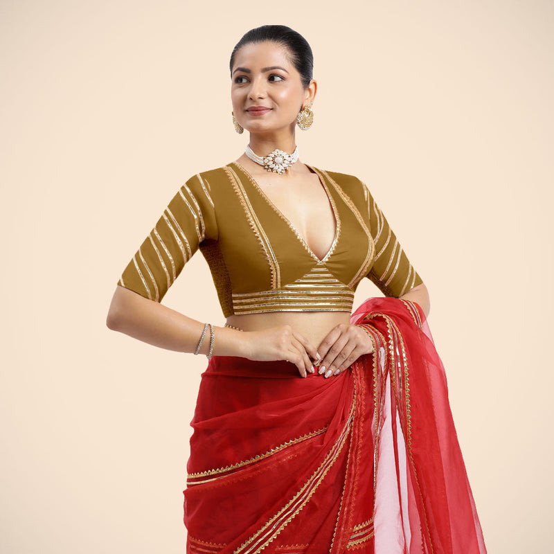 Navya x Tyohaar | Bronze Gold Elbow Sleeves FlexiFit™ Saree Blouse with Plunging V Neckline with Tasteful Golden Gota Lace-Binks