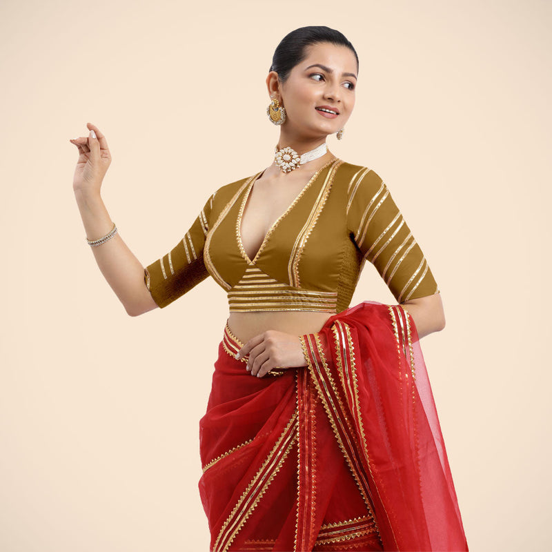 Navya x Tyohaar | Bronze Gold Elbow Sleeves FlexiFit™ Saree Blouse with Plunging V Neckline with Tasteful Golden Gota Lace-Binks