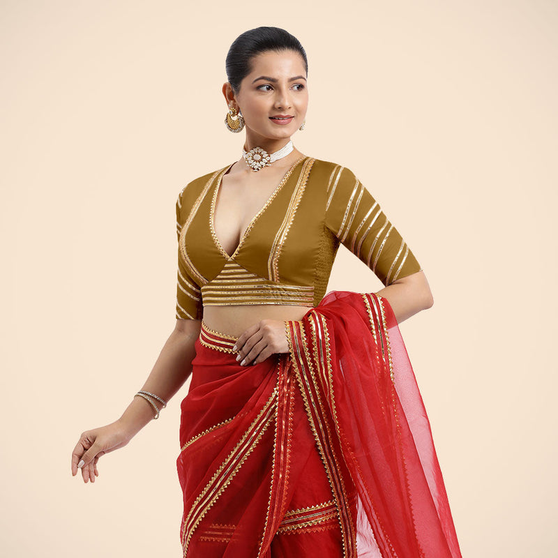 Navya x Tyohaar | Bronze Gold Elbow Sleeves FlexiFit™ Saree Blouse with Plunging V Neckline with Tasteful Golden Gota Lace-Binks