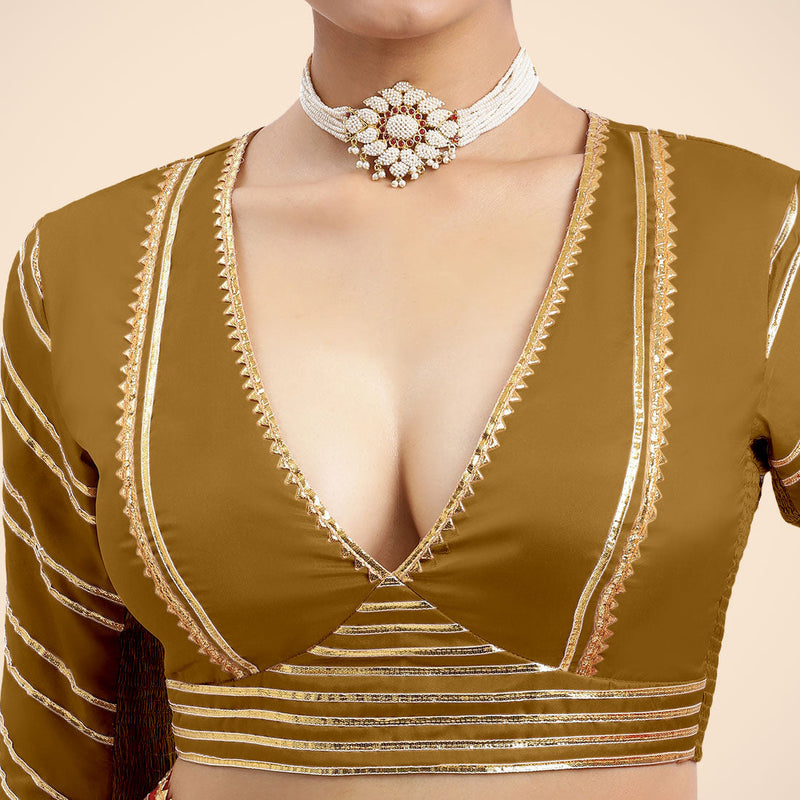 Navya x Tyohaar | Bronze Gold Elbow Sleeves FlexiFit™ Saree Blouse with Plunging V Neckline with Tasteful Golden Gota Lace-Binks