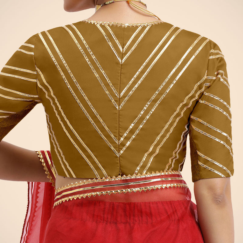 Navya x Tyohaar | Bronze Gold Elbow Sleeves FlexiFit™ Saree Blouse with Plunging V Neckline with Tasteful Golden Gota Lace-Binks