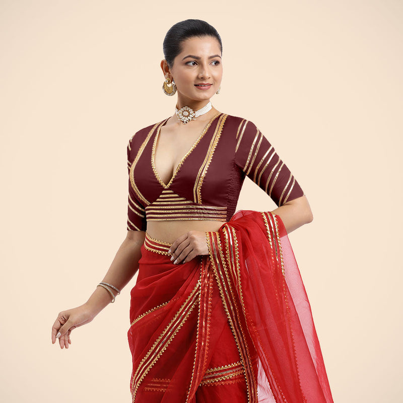 Navya x Tyohaar | Burgundy Elbow Sleeves FlexiFit™ Saree Blouse with Plunging V Neckline with Tasteful Golden Gota Lace-Binks