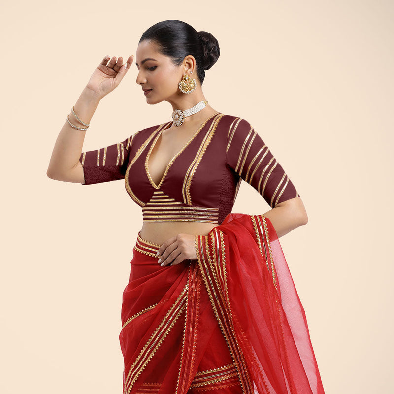 Navya x Tyohaar | Burgundy Elbow Sleeves FlexiFit™ Saree Blouse with Plunging V Neckline with Tasteful Golden Gota Lace-Binks