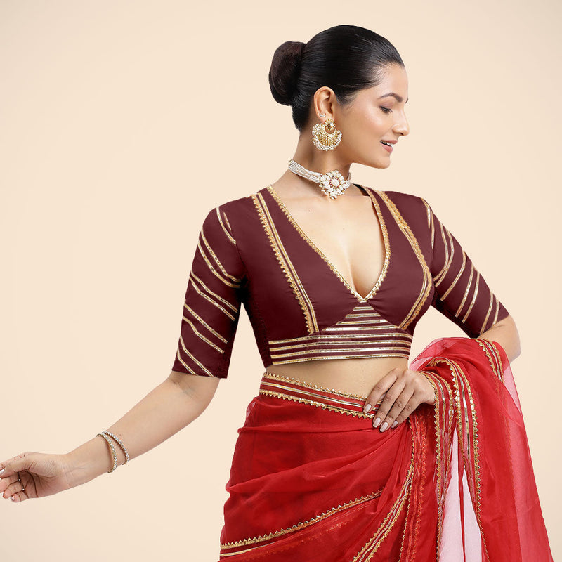 Navya x Tyohaar | Burgundy Elbow Sleeves FlexiFit™ Saree Blouse with Plunging V Neckline with Tasteful Golden Gota Lace-Binks