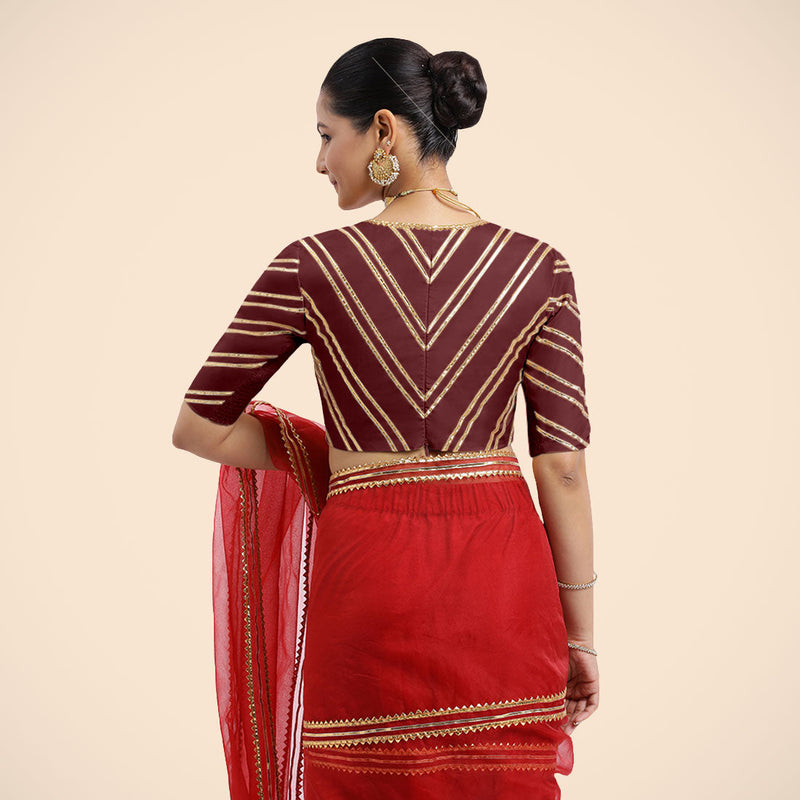 Navya x Tyohaar | Burgundy Elbow Sleeves FlexiFit™ Saree Blouse with Plunging V Neckline with Tasteful Golden Gota Lace-Binks