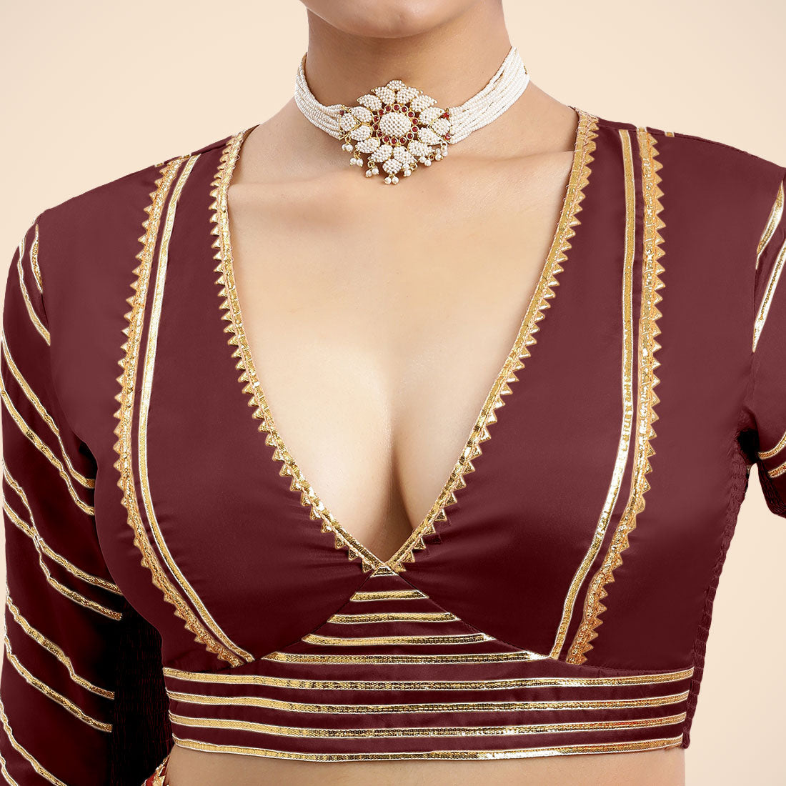 Navya x Tyohaar Saree Blouse, in Maroon Vegan Silk, featuring elbow sleeves and v-neckline, made for party & festive (view 4).