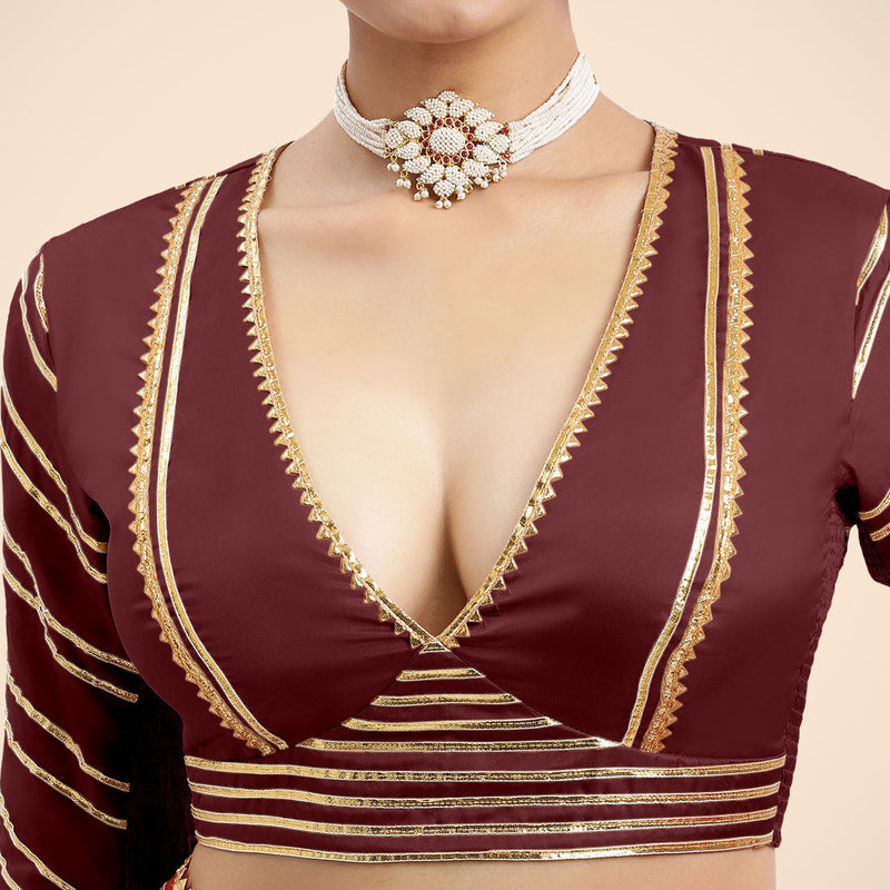 Navya x Tyohaar | Burgundy Elbow Sleeves FlexiFit™ Saree Blouse with Plunging V Neckline with Tasteful Golden Gota Lace-Binks
