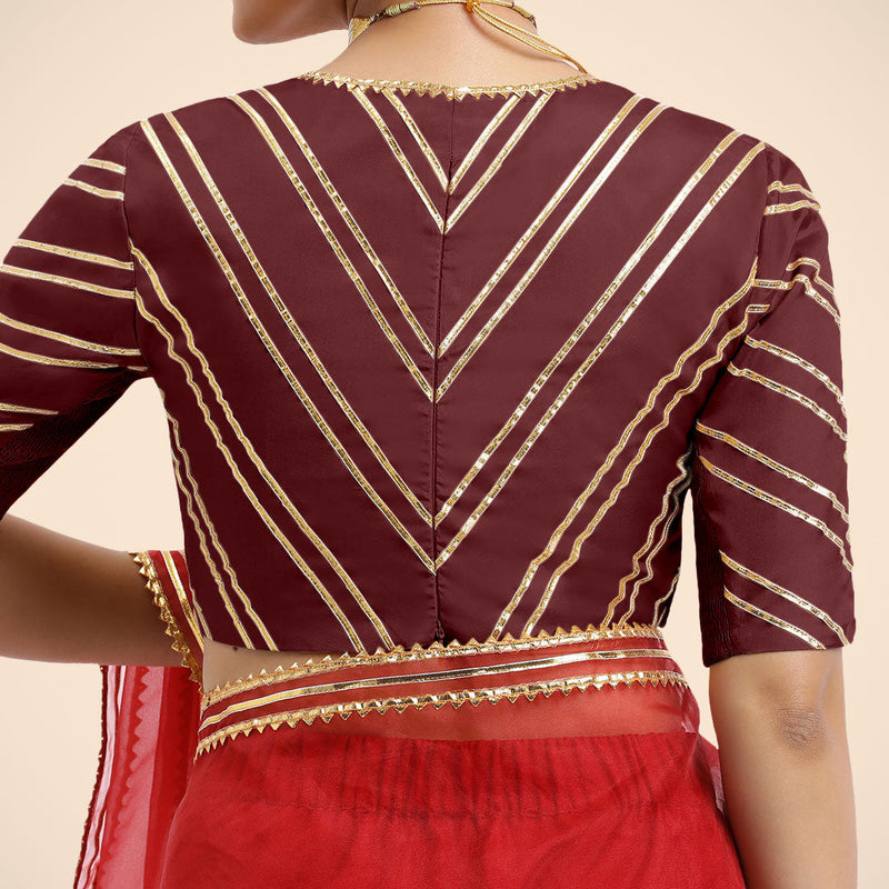 Navya x Tyohaar | Burgundy Elbow Sleeves FlexiFit™ Saree Blouse with Plunging V Neckline with Tasteful Golden Gota Lace-Binks
