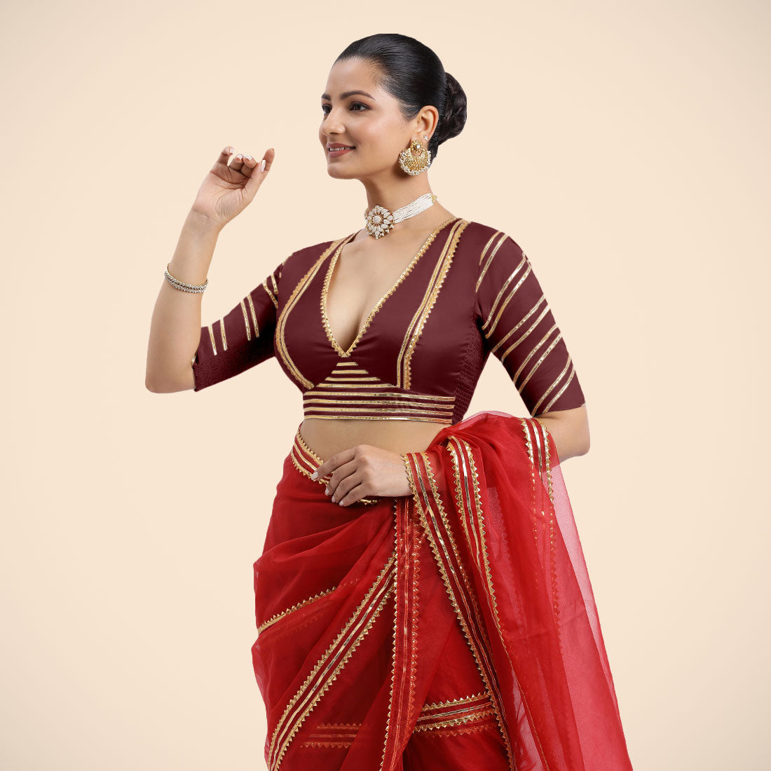 Navya x Tyohaar Saree Blouse, in Maroon Vegan Silk, featuring elbow sleeves and v-neckline, made for party & festive (view 7).