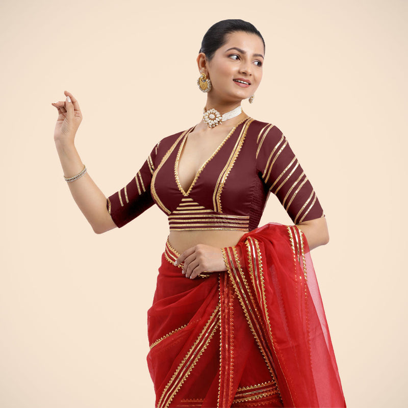 Navya x Tyohaar | Burgundy Elbow Sleeves FlexiFit™ Saree Blouse with Plunging V Neckline with Tasteful Golden Gota Lace-Binks