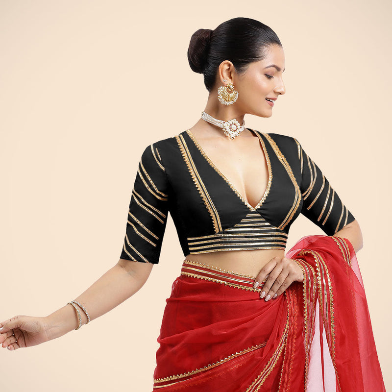 Navya x Tyohaar | Charcoal Black Elbow Sleeves FlexiFit™ Saree Blouse with Plunging V Neckline with Tasteful Golden Gota Lace-Binks